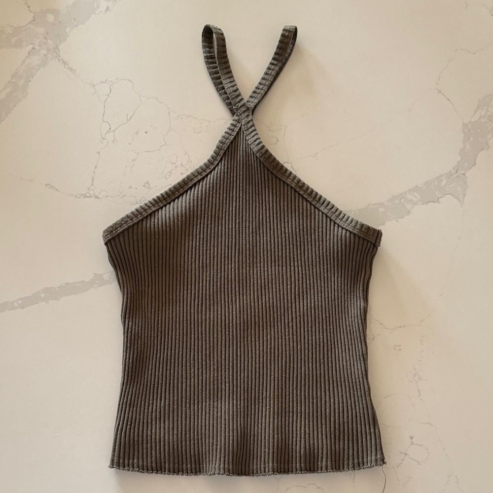 Anthropologie t.la Women's Ribbed Halter Top - olive green. Size Small